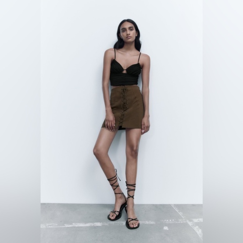 Brand New Zara Khaki Tied High Waist Mini Skirt Size XS Ref 8261/707